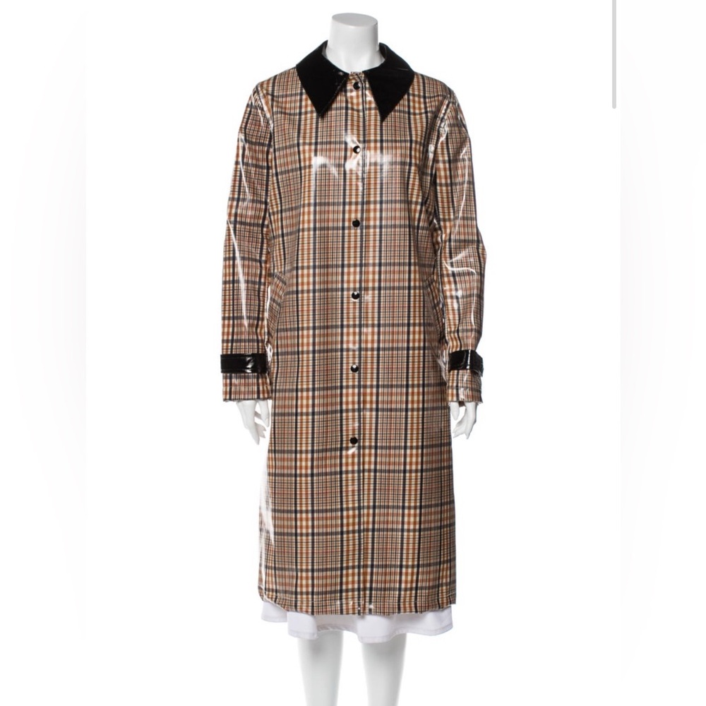 Les Coyotes de Paris patent plaid trench coat with oversize collar